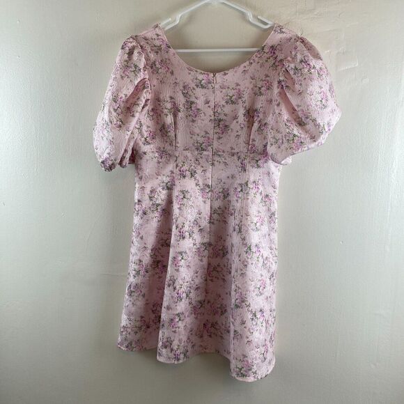 Hyacinth House Tuckernuck Pink Jacquard Empire Ella Mini Dress Sz M? Puff Sleeve - Picture 5 of 14